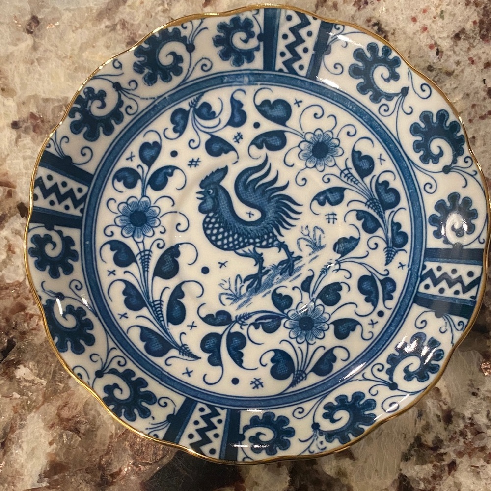 Blue and White Decorative Plate with Gold Trim